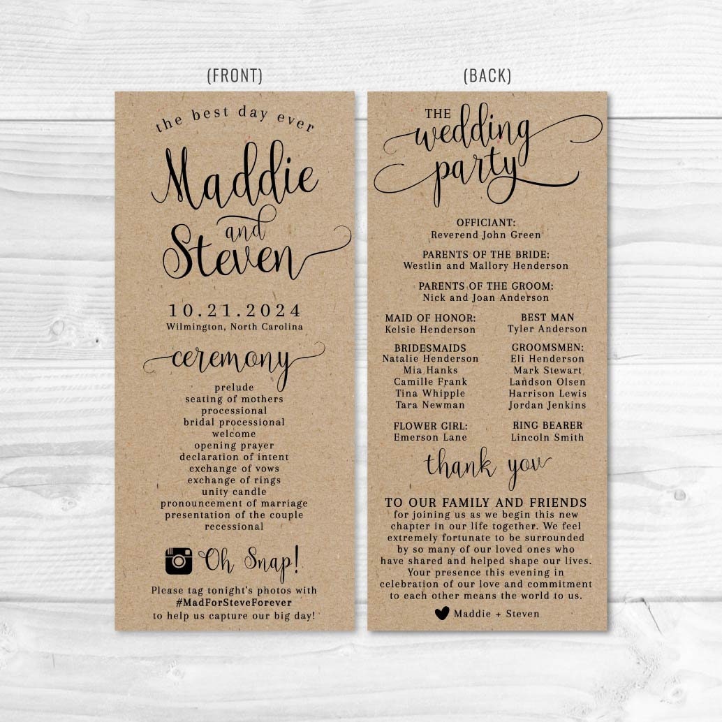 Kraft Calligraphy Wedding Program Template Programs Designs | Etsy
