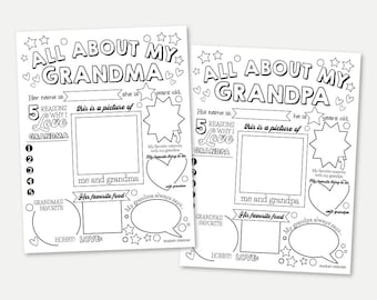 All About Grandma AND All About My Grandpa Printable Template, DIY Birthday & Grandparents Day Gift, Nana or Papa Interview Questionnaire