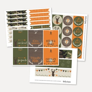 Camo Hunting Kids Acessórios para festas e modelo de pacote de decoração - Cartões de barraca de comida, etiquetas de garrafas de água, toppers de cupcake, bandeiras de palha