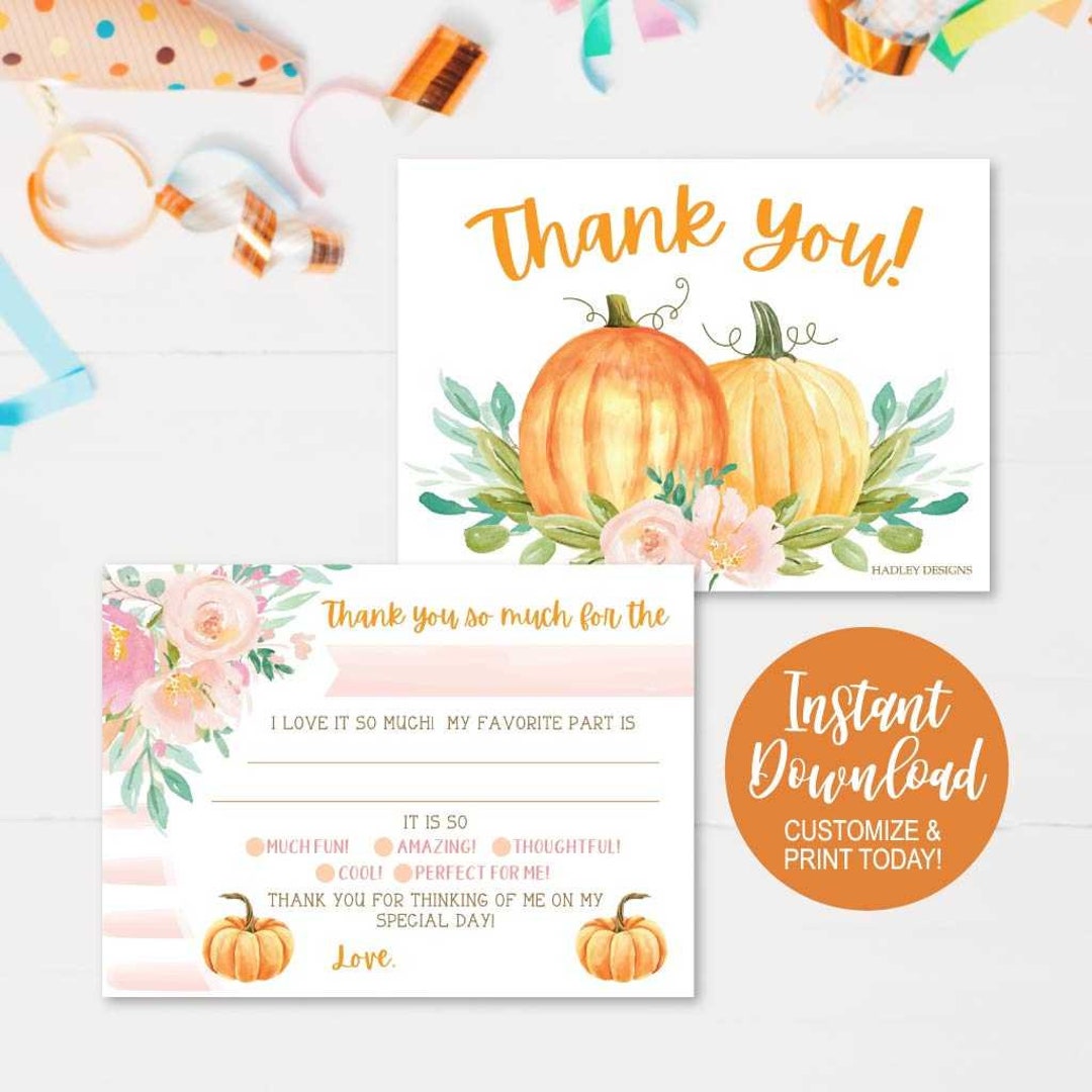 Custom Thank You Notes, Kids Birthday Thank You Notes, Fall Pumpkin
