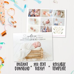 Anúncio moderno de cartão de bebê, impressão personalizada de nascimento, novo cartão com foto de bebê, estatísticas de bebê recém-nascido, data de nascimento do bebê, designs Hadley, PDF digital