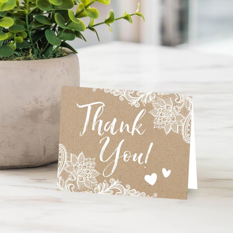 Kraft Lace Rustic Wedding Thank You Card Template - Bulk, Editable ...