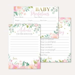 Modèles de prédictions, de conseils et de souhaits pour la douche de bébé floral rose pastel - Ensemble de souvenirs, carte de conseils, Oh Baby, Well Wishes for Baby