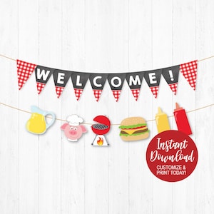 Editable Welcome Banner Template, Summer BBQ Garland, Outdoor Cookout Decorations, Letter Flags for Barbecue, DIY Summer Pool Party Decor