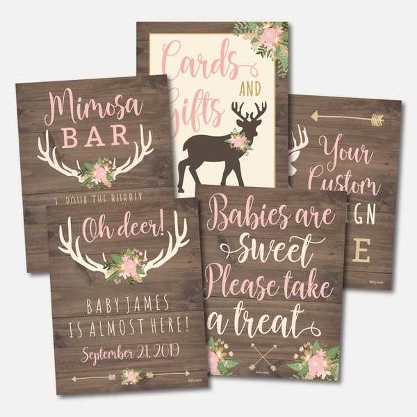 Oh Deer Girl Baby Shower Signs Set Templates - Mimosa Bar, Welcome Sign, Babies Are Sweet Please Take A Treat, Cards and Gifts, Custom Sign