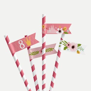Princess Kids Party Straw Flags Template - Printable Straw Flag, Paper Straw Custom, Custom Straw Flag, Drink Tag, Printable Party Decor
