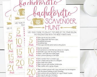 Bachelorette Scavenger Hunt Game Printable Cards, Pink and Gold Bachelorette Hen Party, Scavenger Activy Photo Game, DIY Instant Download