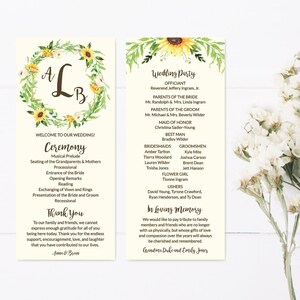 May include: A wedding ceremony programme with a sunflower wreath design. The programme includes the order of events for the ceremony, a list of the wedding party, and a section for in loving memory. The text includes the names Anne & Brian.
