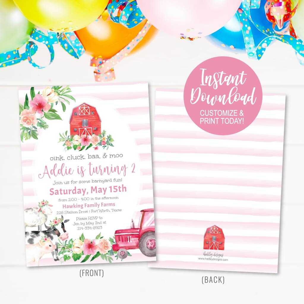 Girl Party Invites, Watercolor Girl Farm Birthday Invitation Girl