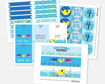 Birthday Water Bottle Labels Baby Shark, Water Label Birthday, Birthday Party Favors For Kids, Food Signs Template, Toothpick Flags Custom