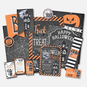 May include: A set of printable Halloween party decorations featuring black and orange color scheme. The set includes a variety of signs, banners, and tags with spooky themes like "Trick or Treat", "Happy Halloween", "Boo!" and "Witches Brew".