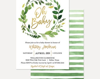Greenery and Gold Gender Neutral Baby Shower Invitation, Baby Shower Invitation Template, Digital Download, Printable Baby Shower Invitation