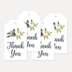 Navy Watercolor Floral Wreath Baby Shower Favor Tags, Thank You Favor Tag Baby Shower, Thank You Favor Tags Printable, Shower Thank You Tag
