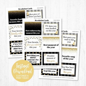 May include: Printable New Year's Eve resolution cards with gold glitter and black and white polka dots. The cards feature prompts like "Best piece of advice you have received this year" and "Your favorite family outing this year".