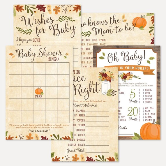Fall Rustic Baby Shower Game Set Templates Bingo Word Etsy