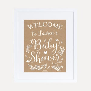 Modello di cartello di benvenuto per baby shower floreale kraft e bianco - segno di benvenuto per baby shower, segno di benvenuto personalizzato, segno decorazione di benvenuto