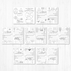 May include: Black and white printable passport activity book for kids. Each page features a different country with a letter of the alphabet, a flag, and a drawing of a landmark. The book includes pages for Australia, Cambodia, Ethiopia, France, Greece, Hungary, India, Japan, Kenya, and Latvia.