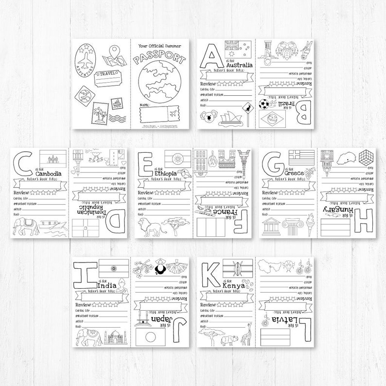 May include: Black and white printable passport activity book for kids. Each page features a different country with a letter of the alphabet, a flag, and a drawing of a landmark. The book includes pages for Australia, Cambodia, Ethiopia, France, Greece, Hungary, India, Japan, Kenya, and Latvia.