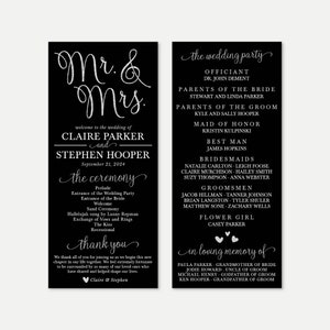 May include: Black and white wedding programme with the names Claire Parker and Stephen Hooper, the wedding date, and a list of the wedding party members. The programme also includes a thank you message from the couple.