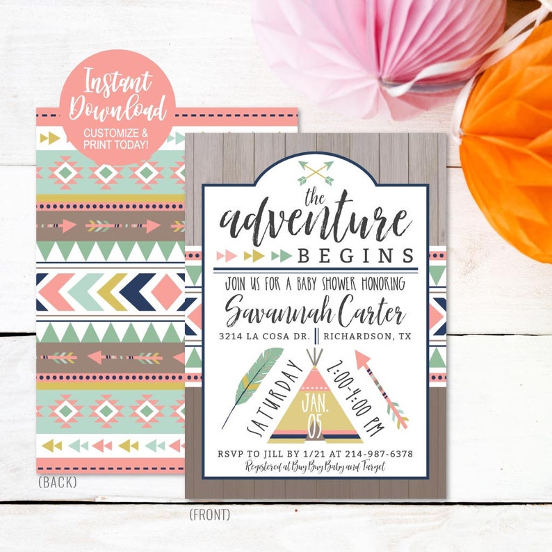 Aztec Adventure Girl Printable Baby Shower Invitation - Etsy