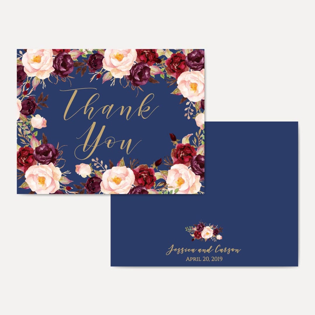 Gold Floral and Navy Thank You Cards Bulk Editable Thank You Etsy