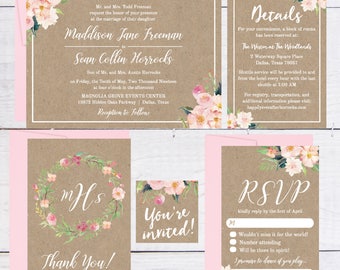 Kraft Wedding Invitation Template, Rustic Wedding Invites, Vintage Wedding Invitation Suite, Floral Wedding Invitation Instant Download