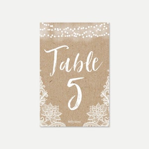 Kraft Spitze rustikale Hochzeit Tischnummern Vorlage - DIY Tischnummern für eine Hochzeit, bearbeitbare druckbare Tischnummern, digitale Downloads