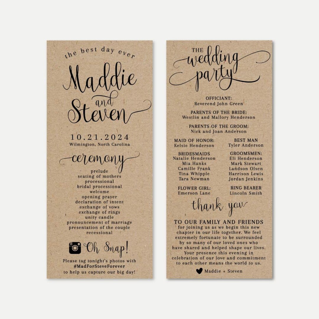 Kraft Calligraphy Wedding Program Template - Programs Designs, Wedding ...