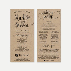 May include: A wedding ceremony program with a rustic brown paper background. The program includes the names Maddie and Steven, the date 10.21.2024, and the location Wilmington, North Carolina. The program also includes the names of the wedding party and a thank you message to the guests.