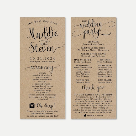 Kraft Calligraphy Wedding Program Template Programs Designs Etsy