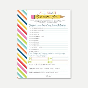 Back To School Teacher Survey Template - Teacher Survey, All About My Teacher, Teacher Questionnaire Printable, School Place Setting Cards