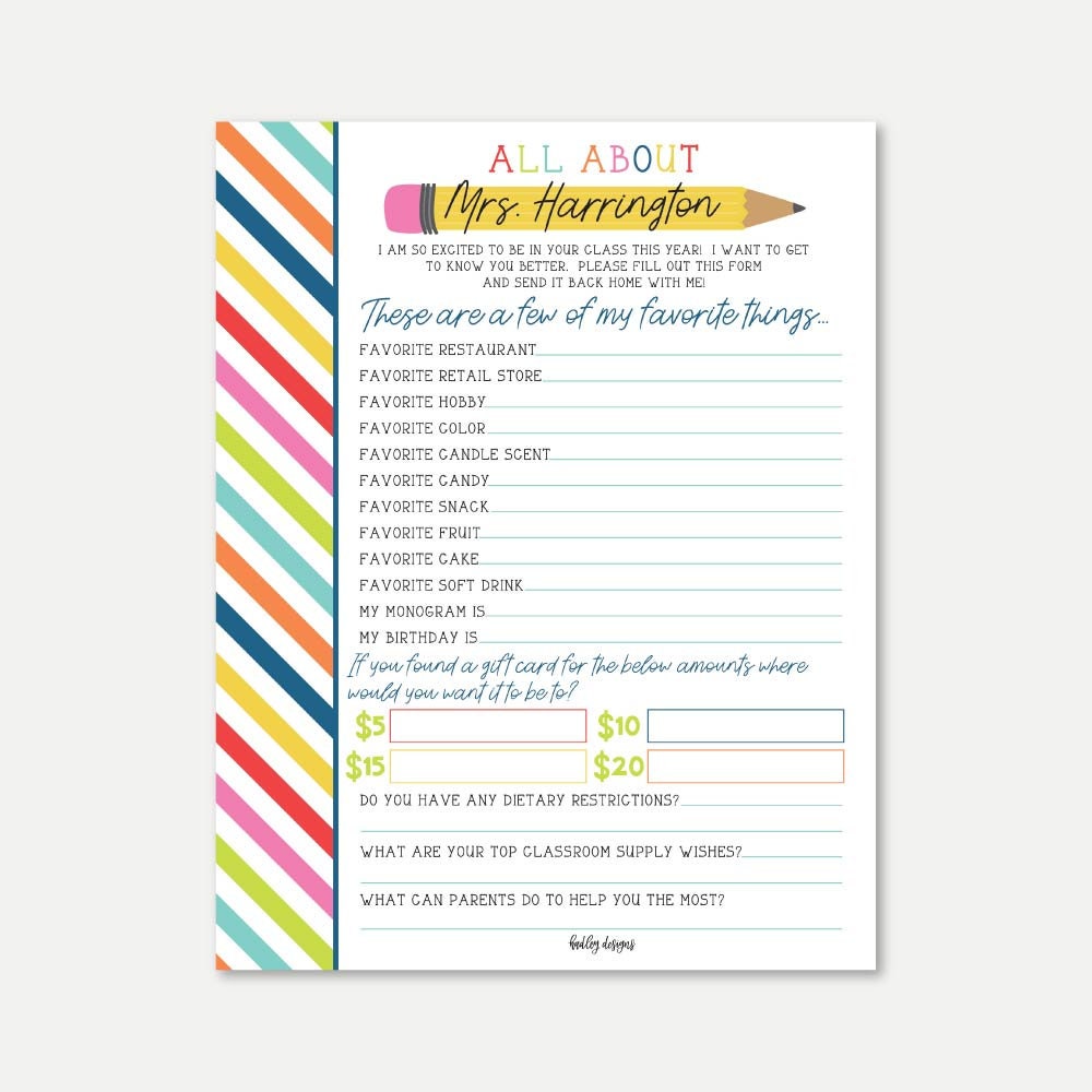 Back To School Teacher Survey Template - Teacher Survey, All About My  Teacher, Teacher Questionnaire Printable, School Place Setting Cards Pertaining To Survey Card Template