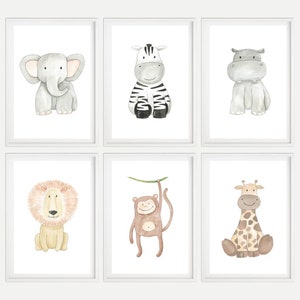 Impresiones de animales de Safari para guardería, conjunto de 6, lindos imprimibles de decoración de pared de guardería de selva, arte de pared de habitación para niños neutros de león boho, decoración del zoológico