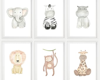 Safari Animals Prints for Nursery, Set of 6, Cute Jungle Nursery Wall Decor Printables, Boho Lion Neutral Kids Room Wall Art, Zoo Decoration