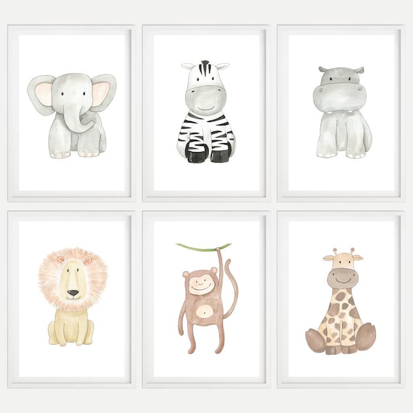 Safari Animals Prints for Nursery, Set of 6, Cute Jungle Nursery Wall Decor Printables, Boho Lion Neutral Kids Room Wall Art, Zoo Decoration