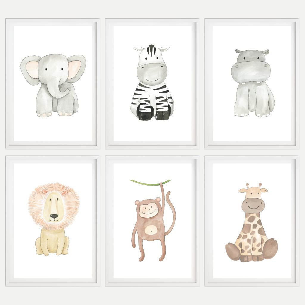 Safari Animals Prints for Nursery, Set of 6, Cute Jungle Nursery Wall ...