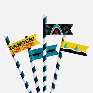 Modello bandiere di paglia per feste per bambini Baby Shark - Bandiera di paglia stampabile, Paglia di carta personalizzata, Bandiera di paglia personalizzata, Etichetta per bevande, Decorazione per feste stampabile