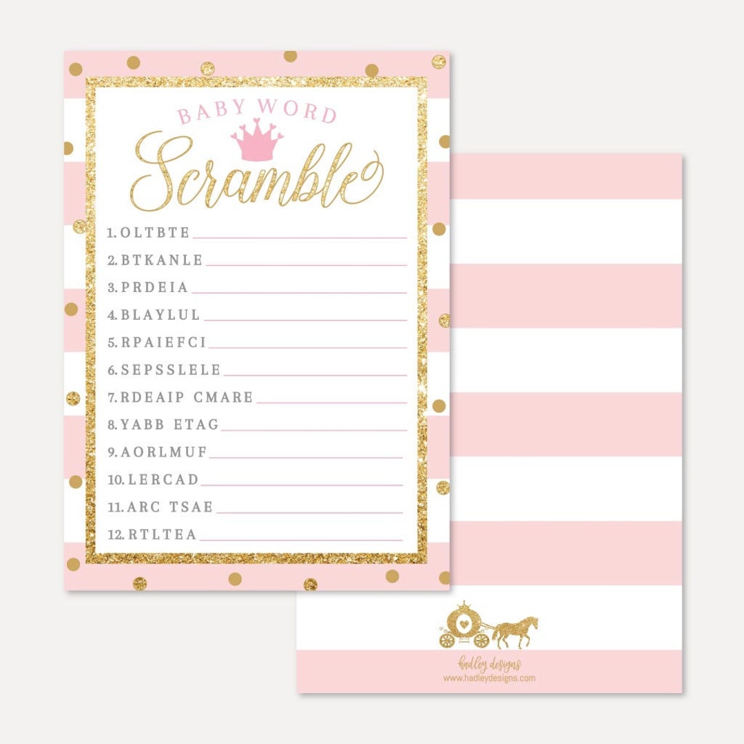 Princess Baby Shower Word Scramble Game Template - Word Scramble Baby ...