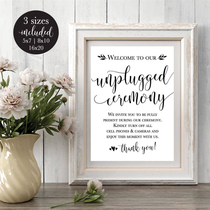 Unplugged Ceremony Wedding Sign, Rustic No Camera Sign, Please Turn Off Cell Phone Printable Signage Decor, DIY Instant Download Template image 1