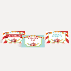 Zirkus Rot Blau Bearbeitbare Essenszeltkarten, Essenszeltkarten Sofortiger Download, Bearbeitbare Buffetkarten, druckbare Partydekoration, Hadley Designs
