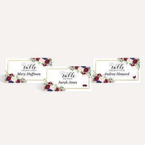 Plantilla de tarjetas de lugar de boda floral azul marino - Recepción de boda de tarjetas de lugar, caligrafía de tarjeta de lugar de boda, PDF imprimible