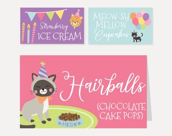 Cat Kids Party Food Tent Kaarten Sjabloon-Bewerkbare Food Tent Card, Afdrukbare Food Tent Kaarten, Food Tent Cards Instant Download
