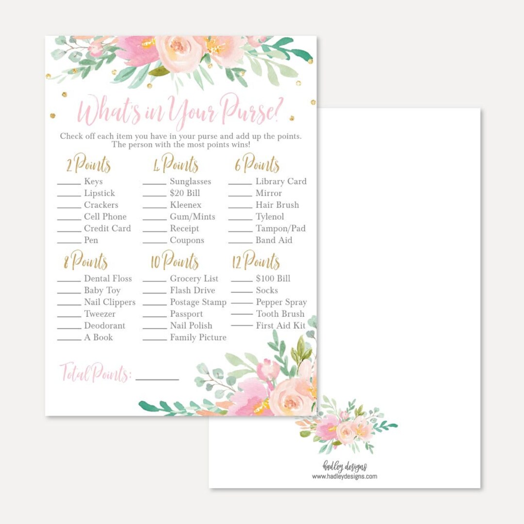 Pink Pastel Floral Baby Shower What's in Your Purse? Game Template ...