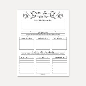 May include: A black and white printable goal planner with the text "Miller Family Dream Goal Planner" and the words "Our Dream Goal Is..." in a box at the top. The planner is divided into sections for setting mini goals and creating an action plan checklist.