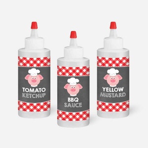 May include: Three clear plastic bottles with red and white checkered labels. Each bottle has a cartoon pig wearing a chef's hat and a label that reads "Tomato Ketchup", "BBQ Sauce", and "Yellow Mustard".