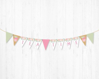 May include: A pink and green tea party banner with the words "TEA TIME" printed on it. The banner is decorated with floral patterns and teacups.