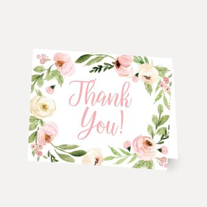 Carte de remerciement de couronne florale d’aquarelle rose imprimable, cartes de remerciement baby shower, note de remerciement baby shower, cartes de remerciement en vrac