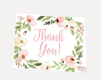 Pink Watercolor Floral Wreath Thank You Card Printable, Thank You Cards Baby Shower, Thank You Note Baby Shower, Thank You Cards Bulk