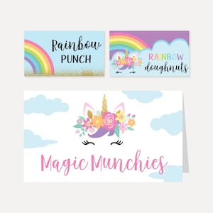 Floral Unicorn Kids Party Food Tent Cards Template -Editable Food Tent Card, Printable Food Tent Cards, Food Tent Cards Instant Download