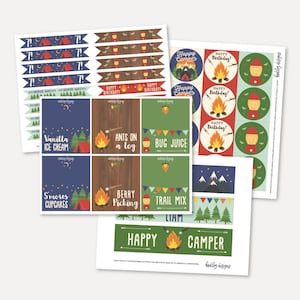 Camping Kids Party Accessories and Decor Package Template - Cartes de tente alimentaire, Étiquettes de bouteille d'eau, Cupcake Toppers, Drapeaux de paille